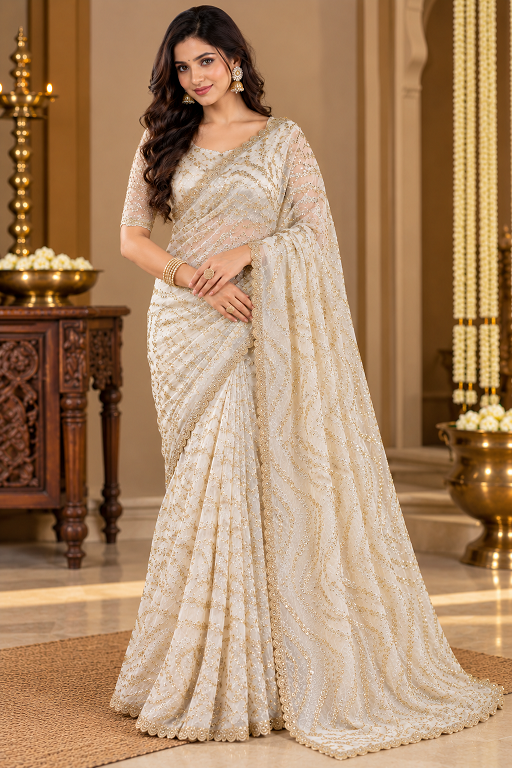 Ivory White Sequin Embroidered Designer Saree      A871692619 - Handcrafted Ethnic Wear