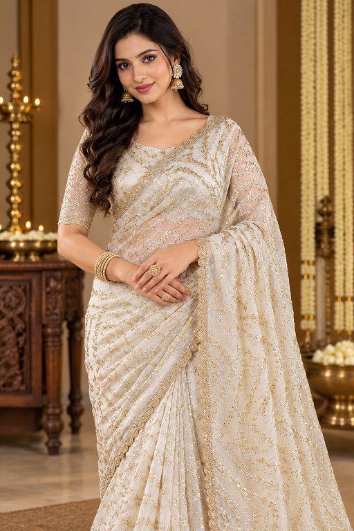 Ivory White Sequin Embroidered Designer Saree      A871692619 - Detailed Pallu View