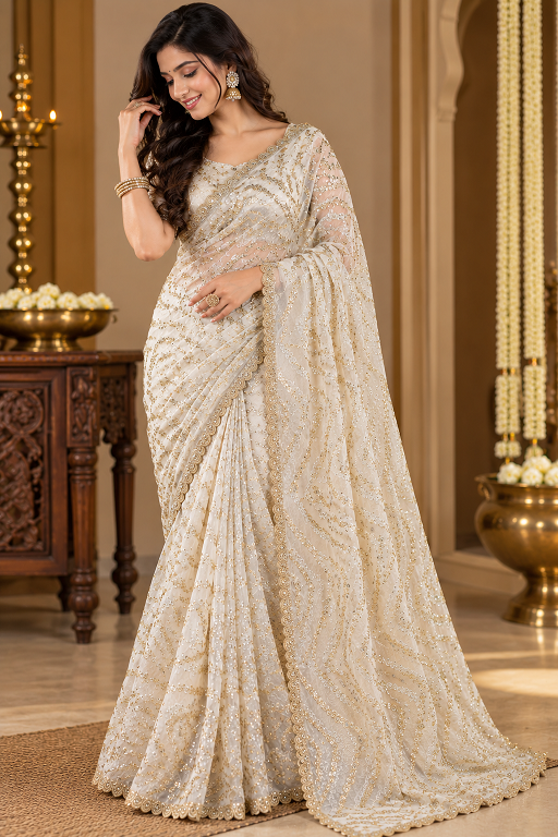 Ivory White Sequin Embroidered Designer Saree A871692619