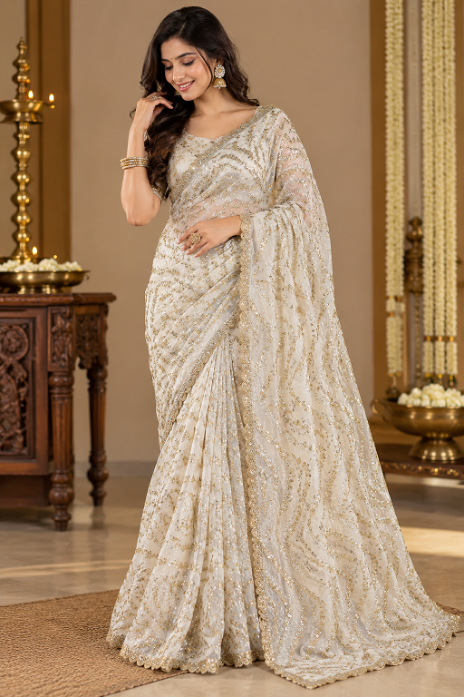 Ivory White Sequin Embroidered Designer Saree A871692619