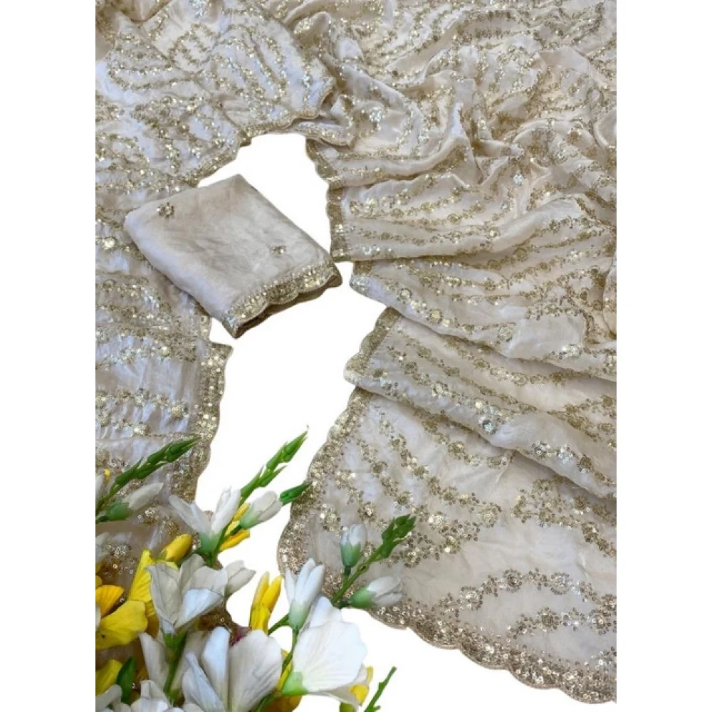 Ivory White Sequin Embroidered Designer Saree A871692619